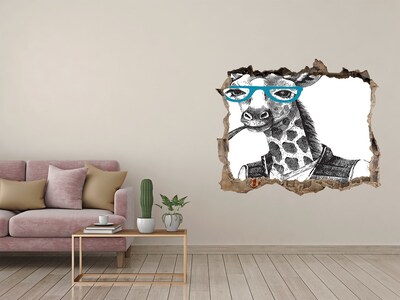Wandfolien Loch in der Wand Giraffe mit Brille und Pfeife