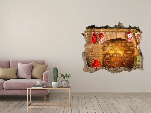 3D Wandsticker Loch Ein Kamin mit weihnachtlicher Atmosphäre