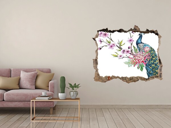 3D Wandtattoos Loch in der Wand Pfau zwischen Blumen