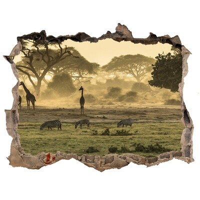 3D Wandsticker Loch Afrikanische Savanne mit Giraffen und Zebras