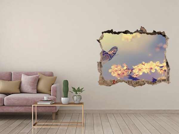Wandfolien Loch in der Wand Blumenlandschaft mit einem Schmetterling