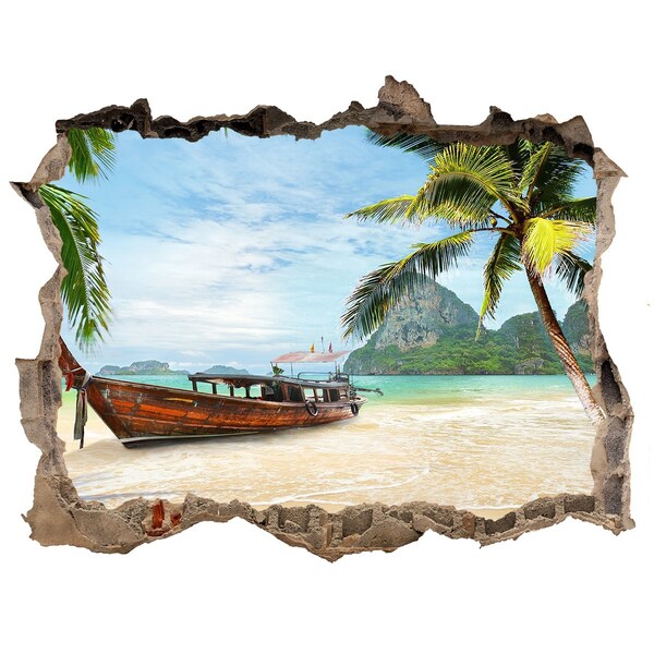 3D Wandsticker Loch Tropischer Strand mit einem Boot