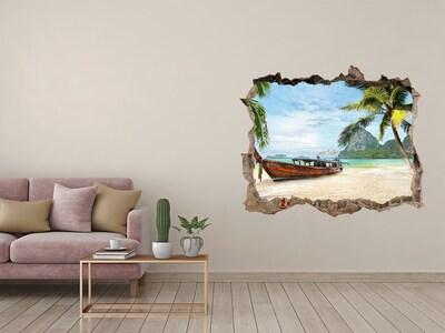 3D Wandsticker Loch Tropischer Strand mit einem Boot