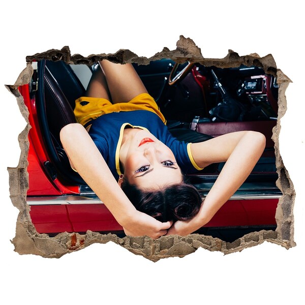 3D Wandtattoos Loch in der Wand Frau in einem Oldtimer