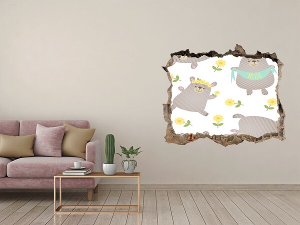 3D Wandtattoos Loch in der Wand Lächelnde Teddybären in einer Blumenlandschaft