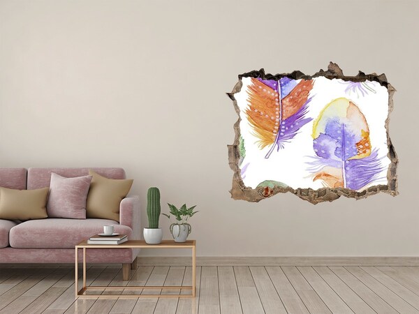 Wandtattoos Mauerdurchbruch Bunte Federn an der Wand im Hintergrund