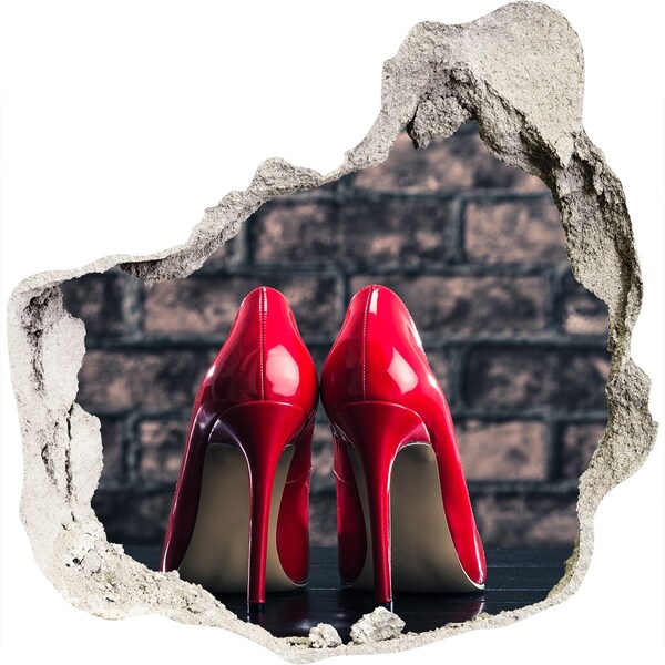 3D Wanddurchbruch Aufkleber Rote High Heels vor einer Backsteinmauer