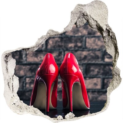 3D Wanddurchbruch Aufkleber Rote High Heels vor einer Backsteinmauer