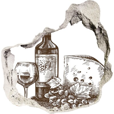 Wandfolien Loch in der Wand Wein und Käse vor dem Hintergrund einer beschädigten Wand