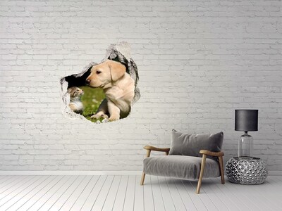 3D Wandtattoos Mauerdurchbruch Freundschaft zwischen Hund und Katze