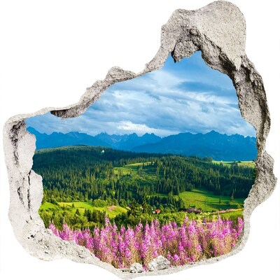3D Wanddurchbruch Aufkleber Berglandschaft mit Blumen