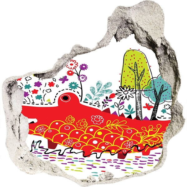 3D Wanddurchbruch Aufkleber Krokodil in einer farbenfrohen Landschaft