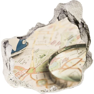 Mauerdurchbruch Aufkleber Karte mit Lupe in einem Loch in der Wand