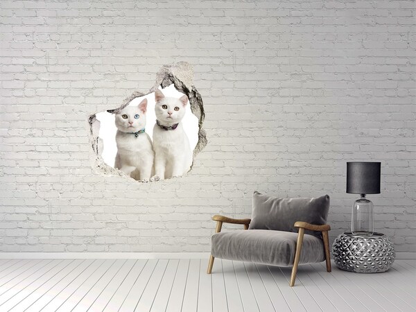 Wandaufkleber Loch 3D Zwei weiße Katzen in einem Loch in der Wand