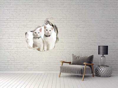 Wandaufkleber Loch 3D Zwei weiße Katzen in einem Loch in der Wand