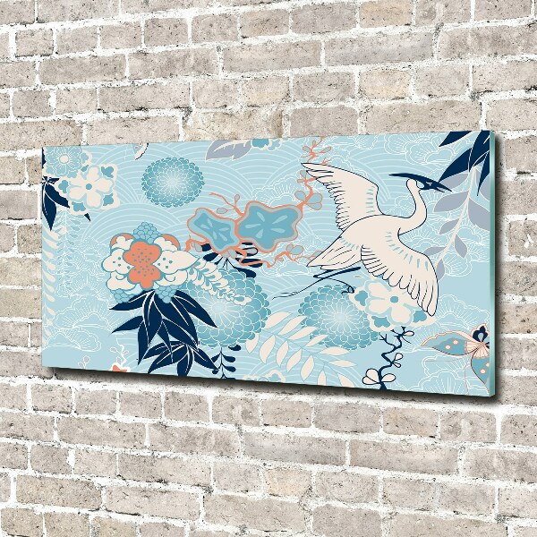 Foto auf Acryl Kranich und Blumen