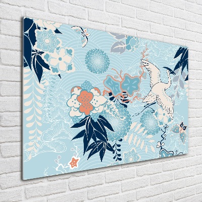 Foto auf Acryl Kranich und Blumen