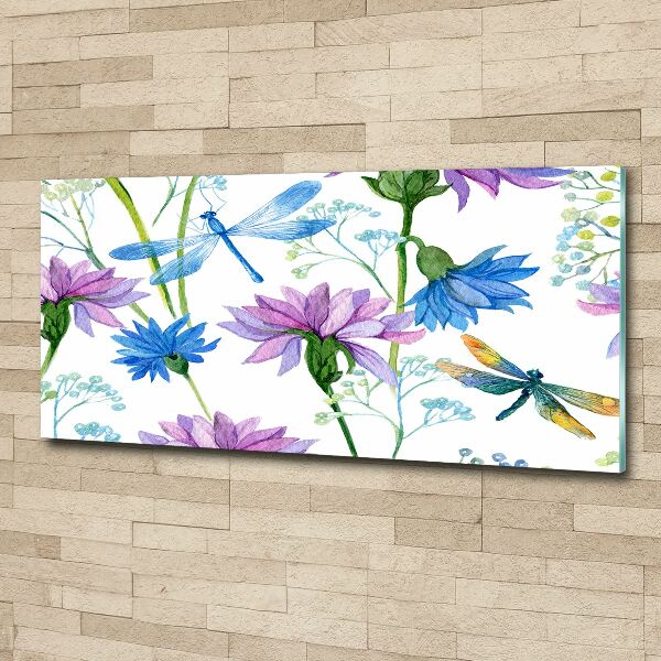 Acrylbild Fotodruck Blumen und Libellen