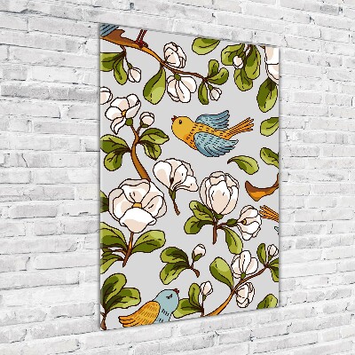 Acrylbild vertikal Vögel und Blumen