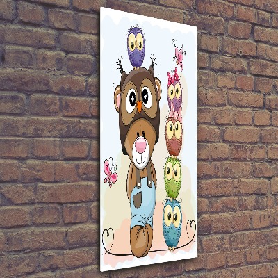 Modernes Acrylbild vertikal Teddybär und Eulen