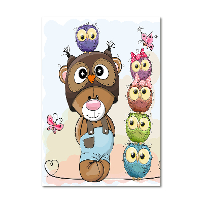 Modernes Acrylbild vertikal Teddybär und Eulen
