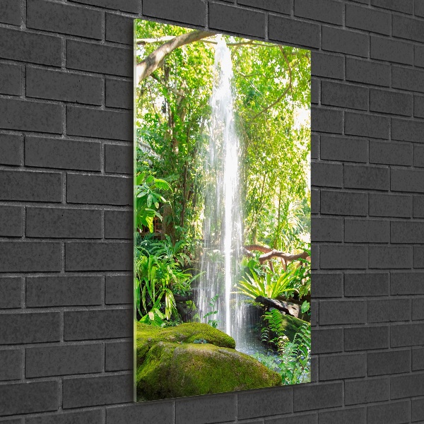 Modernes Acrylbild vertikal Wasserfall im Dschungel
