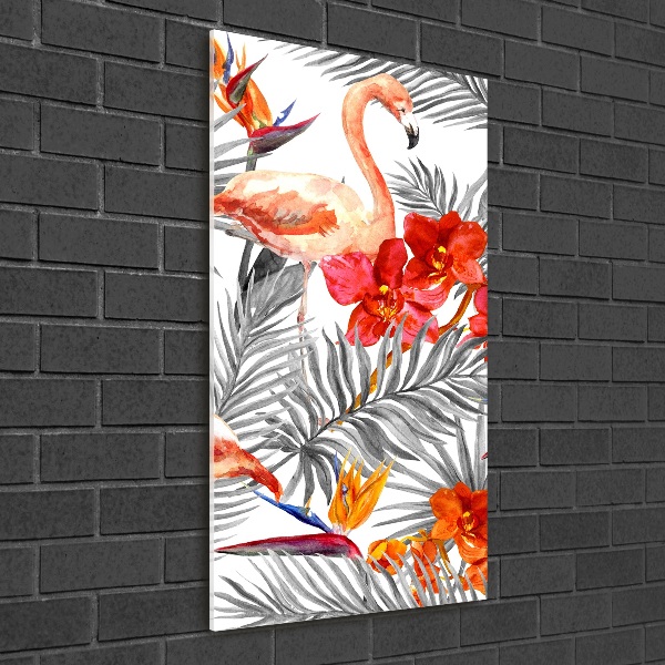 Bild auf Acrylglas vertikal Flamingos und Blumen