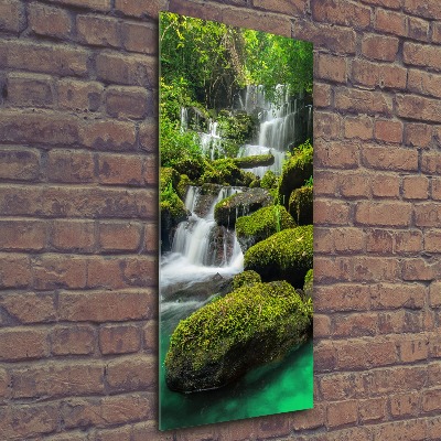 Modernes Acrylbild vertikal Wasserfall im Dschungel