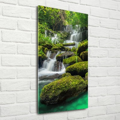 Modernes Acrylbild vertikal Wasserfall im Dschungel