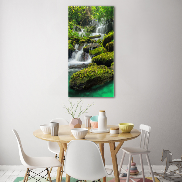 Modernes Acrylbild vertikal Wasserfall im Dschungel