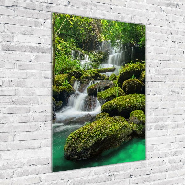 Modernes Acrylbild vertikal Wasserfall im Dschungel