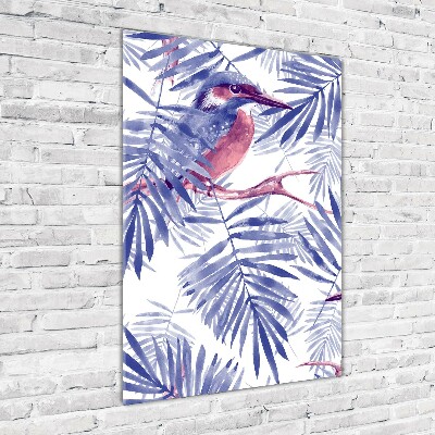 Modernes Acrylbild vertikal Palmenblätter und ein Vogel