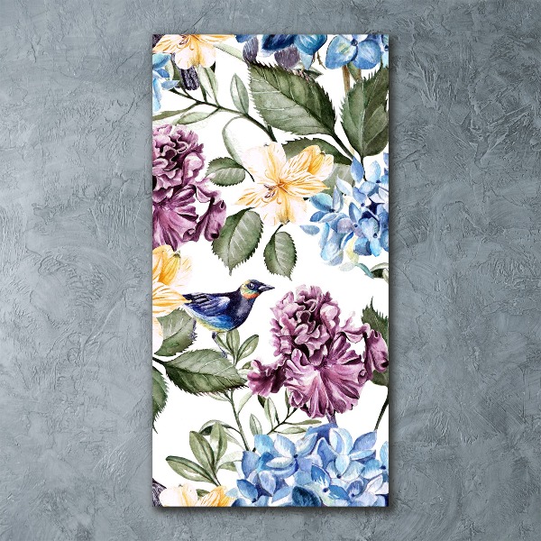 Acrylbild vertikal Blumen und Vögel