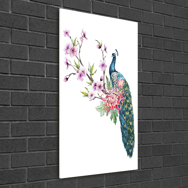 Bild auf Acrylglas vertikal Pfau und Blumen