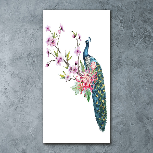 Bild auf Acrylglas vertikal Pfau und Blumen