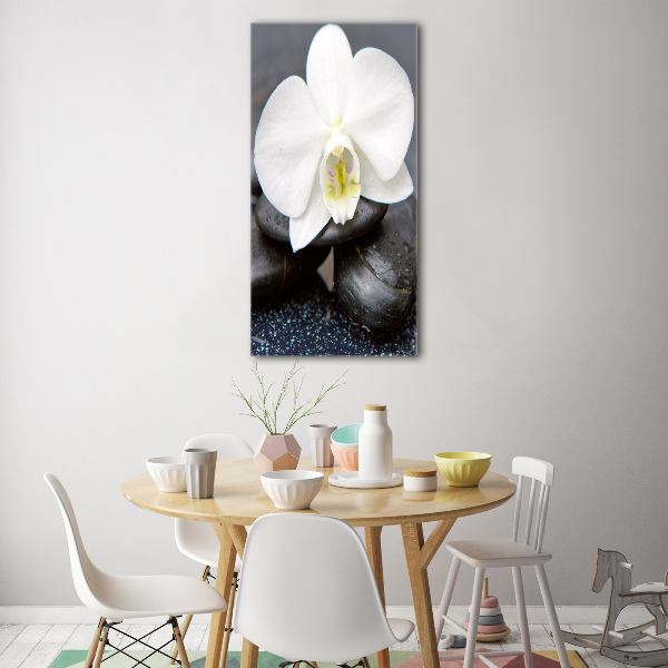 Modernes Acrylbild vertikal Orchidee und Steine