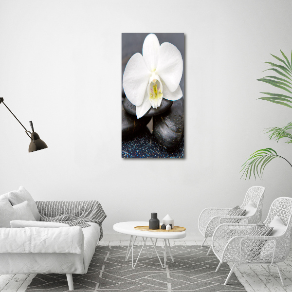 Modernes Acrylbild vertikal Orchidee und Steine