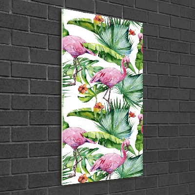 Modernes Acrylbild vertikal Blätter und Flamingos