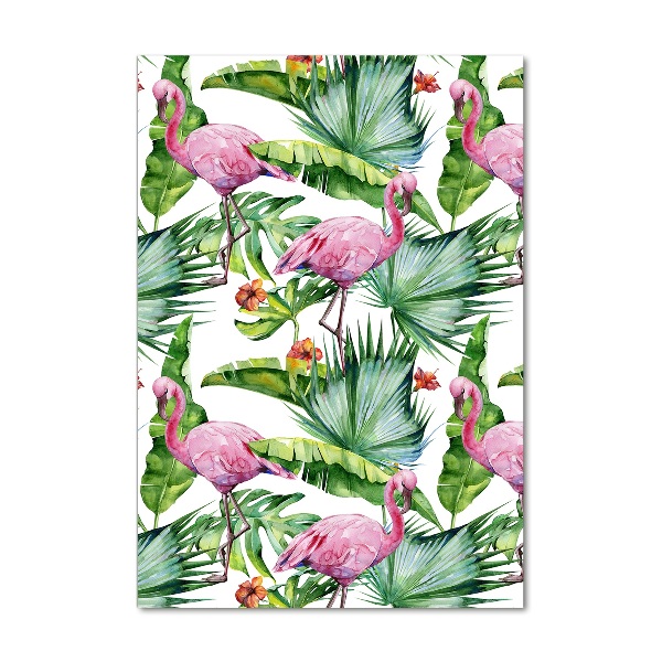 Modernes Acrylbild vertikal Blätter und Flamingos