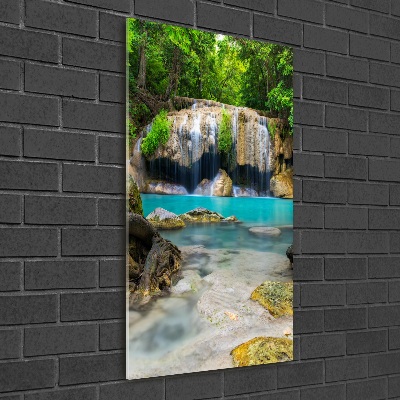 Modernes Acrylbild vertikal Wasserfall im Dschungel