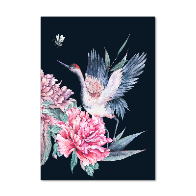 Acrylbild vertikal Kraniche und Pfingstrosen