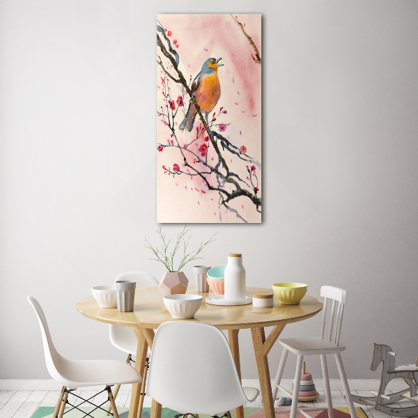 Modernes Acrylbild vertikal Ein Vogel auf einem Ast