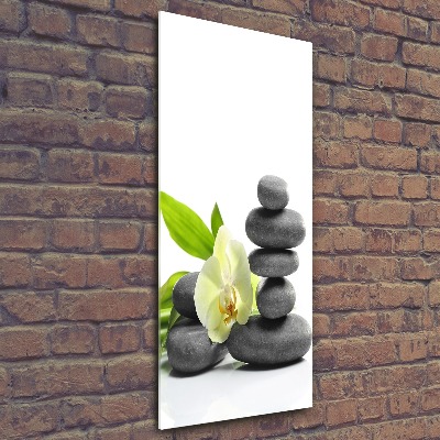 Modernes Acrylbild vertikal Orchidee und Steine