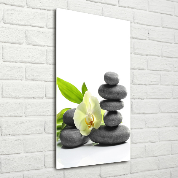 Modernes Acrylbild vertikal Orchidee und Steine