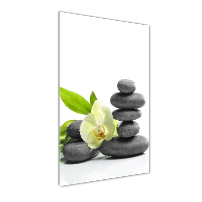 Modernes Acrylbild vertikal Orchidee und Steine
