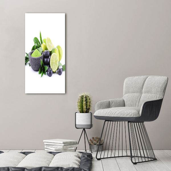 Bild auf Acrylglas vertikal Zitrusfrüchte und Steine