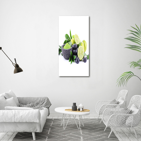 Bild auf Acrylglas vertikal Zitrusfrüchte und Steine