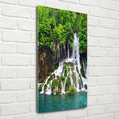 Modernes Acrylbild vertikal Wasserfall im Wald