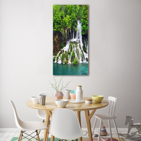 Modernes Acrylbild vertikal Wasserfall im Wald