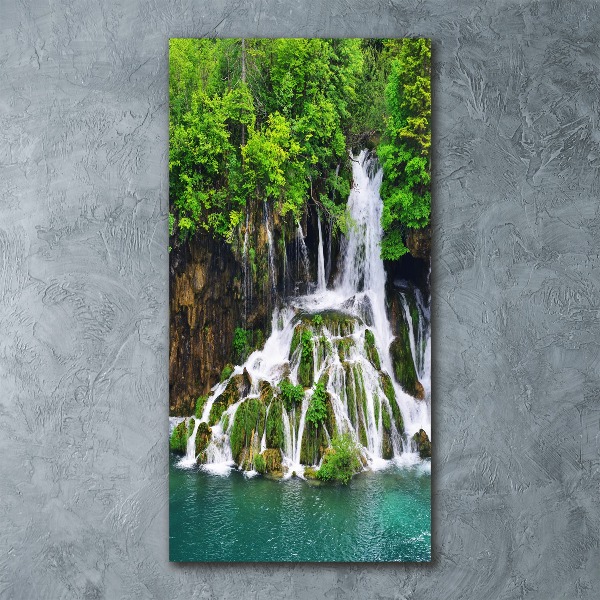 Modernes Acrylbild vertikal Wasserfall im Wald
